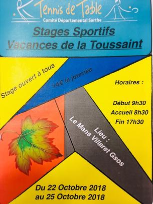 Affiche Stage Sportif vacances de la Toussaint - 22/25 octobre 2018