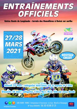 Affiche Entraînements mini-cross, espoir 85cc, 125cc, side-car, quad, Mx1, Mx2 - 27/28 mars 2021