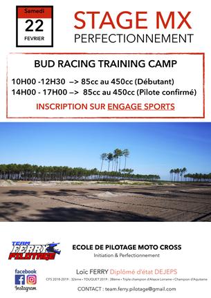 Affiche Stage de perfectionnement MOTO CROSS au BUD RACING TRAINING CAMP à MAGESCQ (40) - 22 février 2020