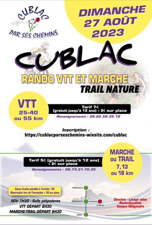 Affiche RANDO VTT ET MARCHE / TRAIL NATURE DE CUBLAC DU 27 AOUT 2023 - 27 août 2023