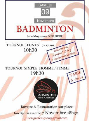 Affiche Tournoi de Badminton Plabennec - 9 novembre 2024