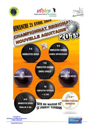 Affiche PETANQUE : CHAMPIONNAT REGIONAL NOUVELLE AQUITAINE  ( inscriptions payantes gérées par les clubs) - 21 avril 2019